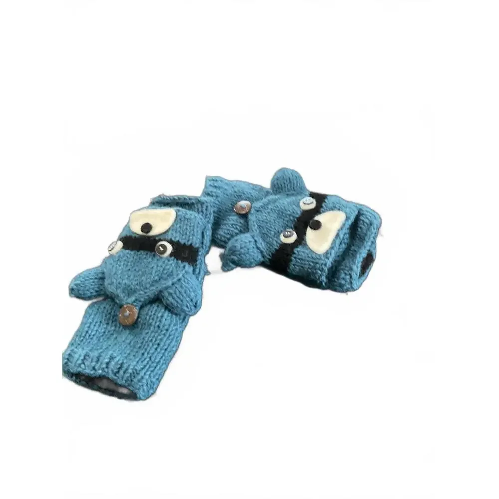 Fair Trade Handmade Blue Wool Convertible Mittens with Raccoon Design OS Adult